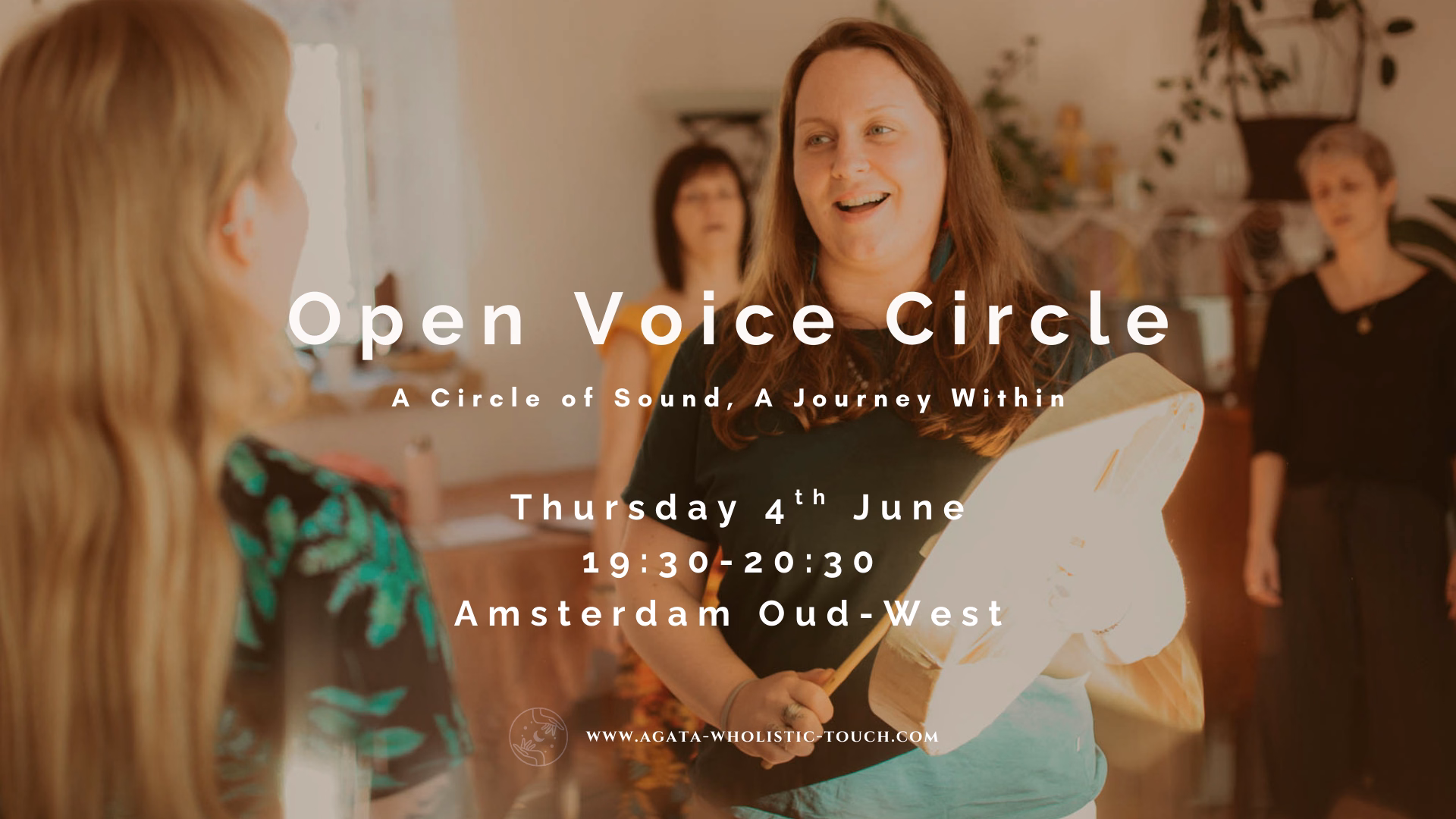 "Open Voice Circle" flyer with two women and a drum