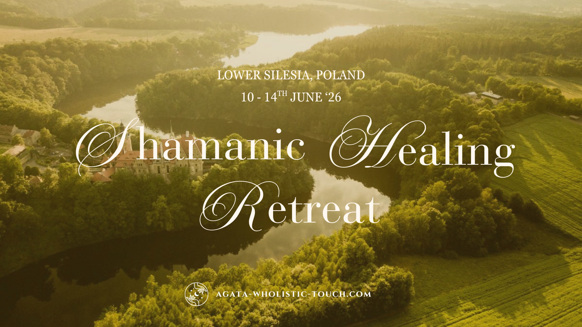 "Shamanic Healing Retreat" poster with a serene landscape and a castle