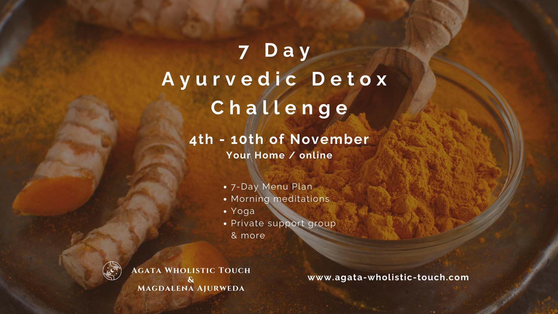 "7 Day Ayurvedic Detox Challenge" poster with turmeric and a bowl of powder