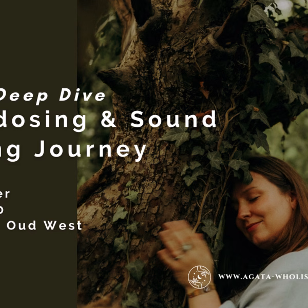 "Friday Deep Dive Microdosing & Sound Healing Journey" poster with a woman hugging a tree