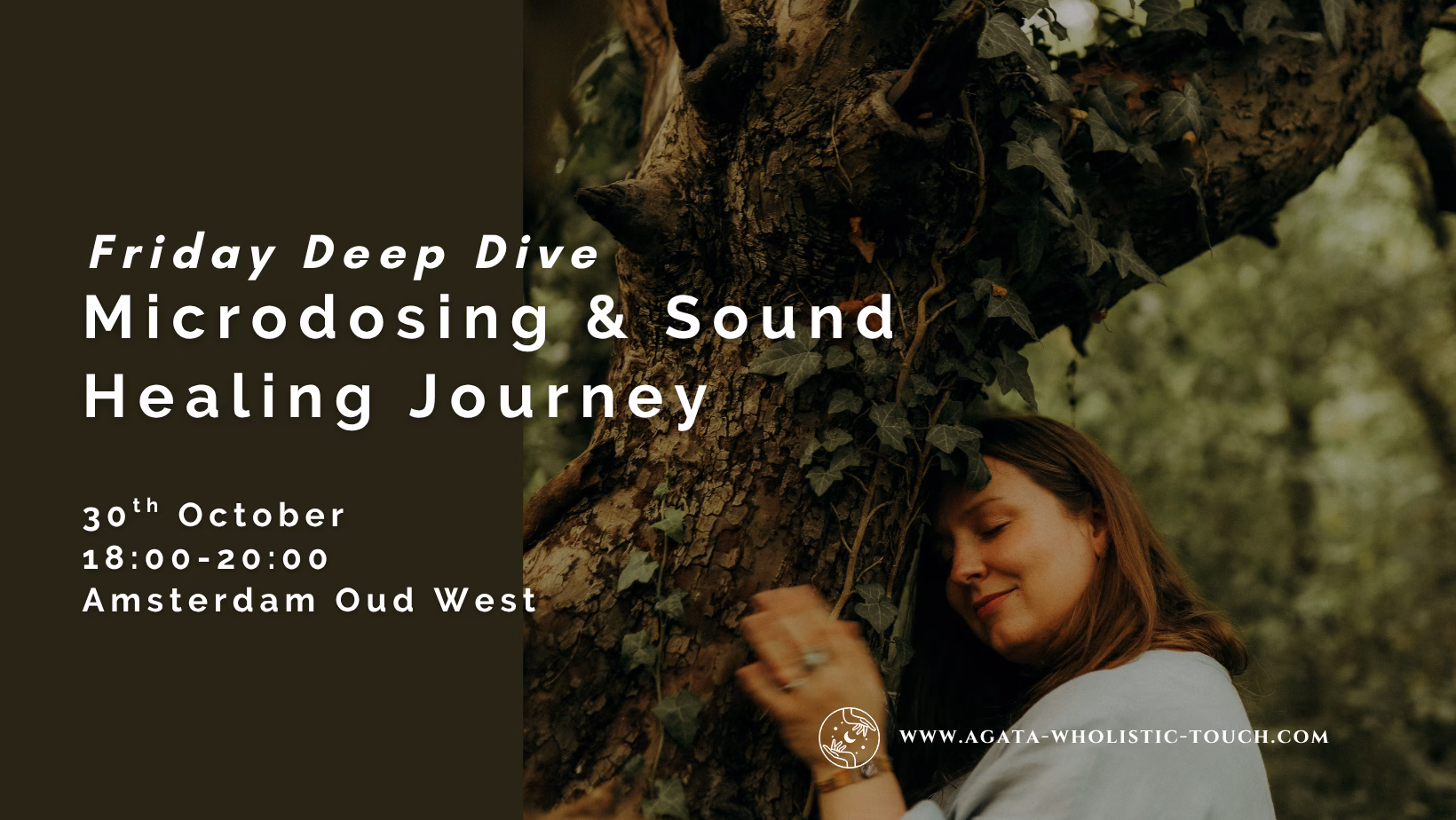 "Friday Deep Dive Microdosing & Sound Healing Journey" poster with a woman hugging a tree